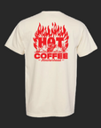 Beige t-shirt with red 'Hot Coffee' graphic on a white background