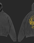 Black hoodie with yellow text and graphics on a white background